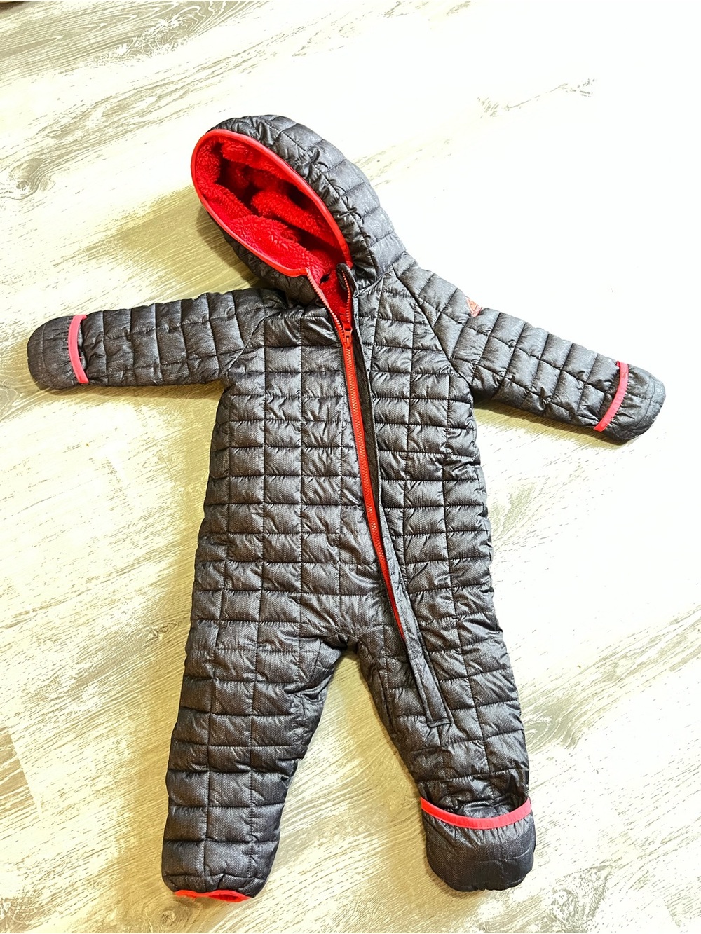 Snozu Quilted Gray One-Piece Snowsuit with Red Trim
